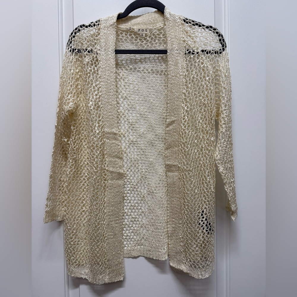 POL Cream 3/4 Sleeves Open-Knit Crochet Women's Cardigan Sweater New Small
